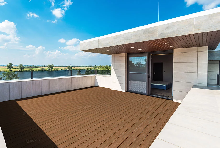 a deck with wood flooring