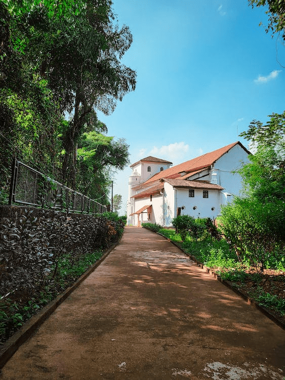 a landscape screen covers a pathway to a big house