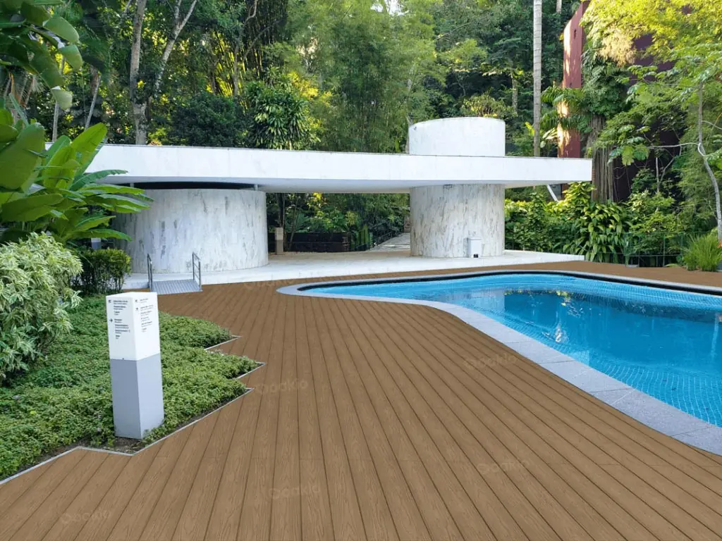 Finished design showing how to build a pergola over a seating area by the pool