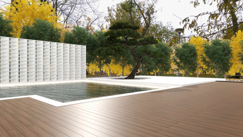 back deck surrounded by lush greenery