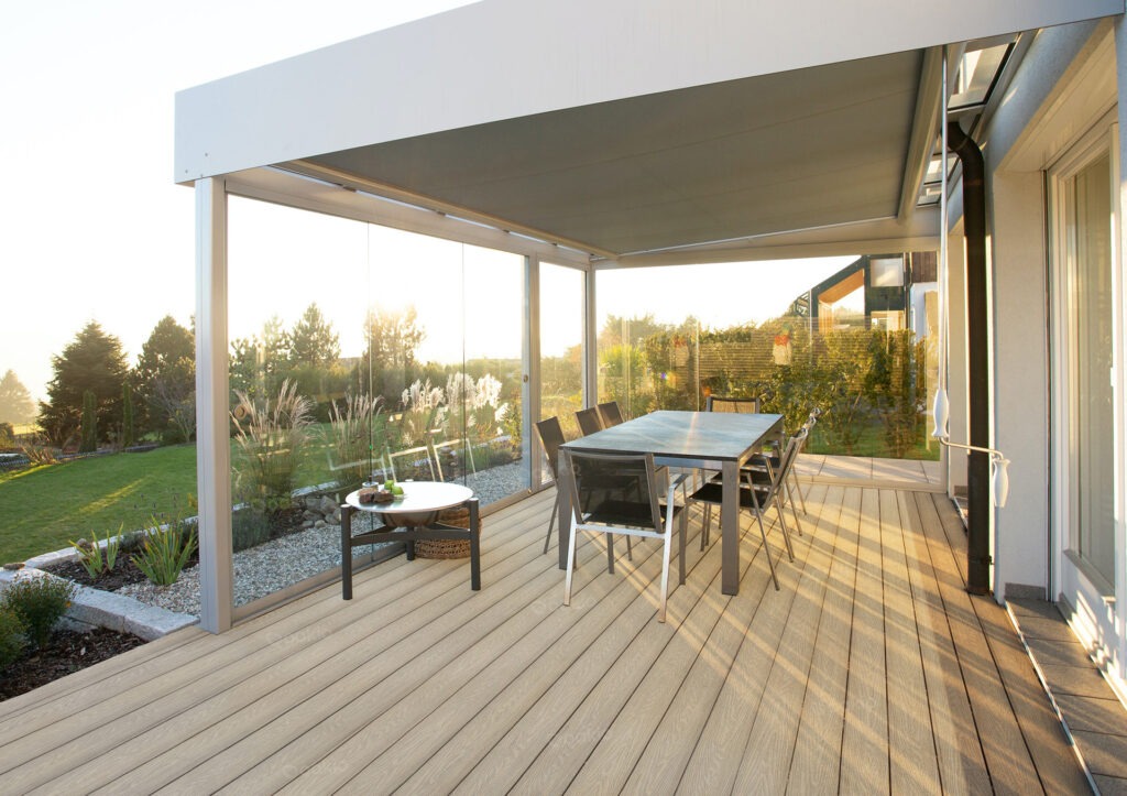 modern gazebo with wpc decking and fire pit