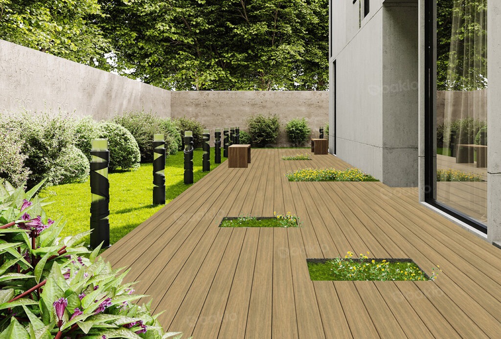 slate grey wpc decking leading to glass sliding doors