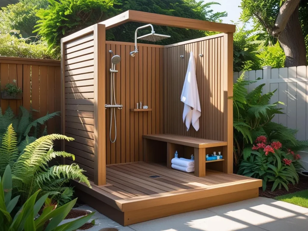 Outdoor Shower Ideas-Beach House Vibes with a Deck Shower Station
