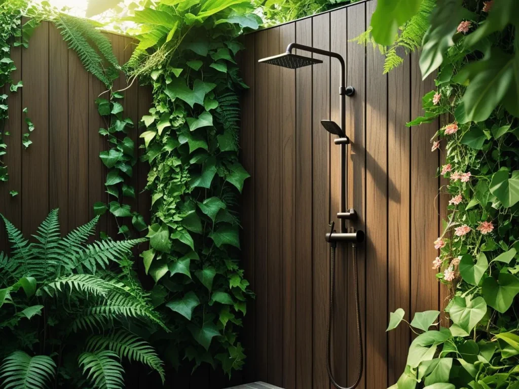 Outdoor Shower Ideas-Nature-Immersed Shower with Green Wall Surrounds