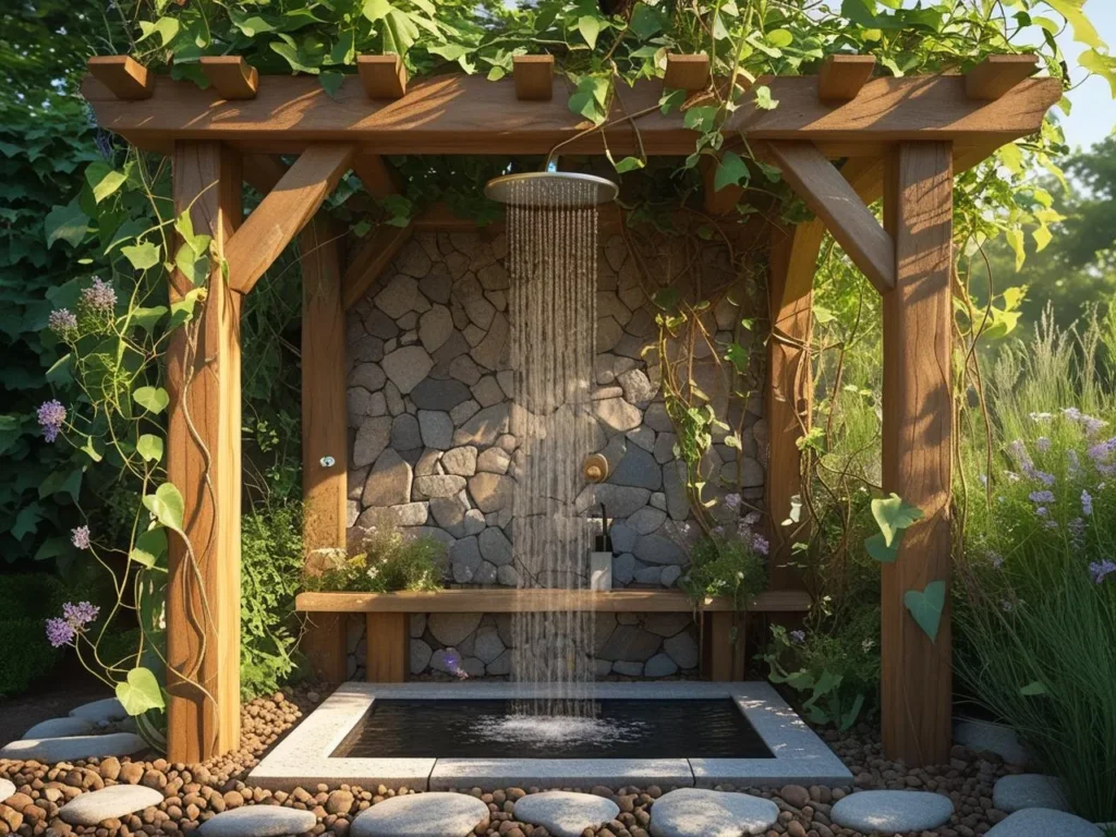 Outdoor Shower Ideas-Rustic Stone and Wood Fusion