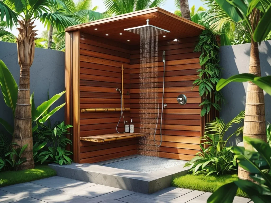 Outdoor Shower Ideas-Tropical Escape with Natural Wood Finishes