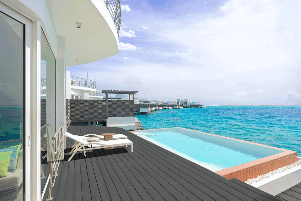 Contemporary outdoor patio set featuring weather-resistant composite lumber