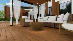 cozy backyard design with oakio wpc decking, wall panels, and pergola