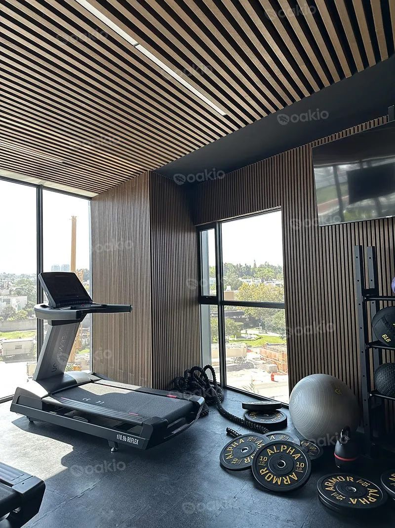gym corner wall and ceiling with oakio wpc wall panels