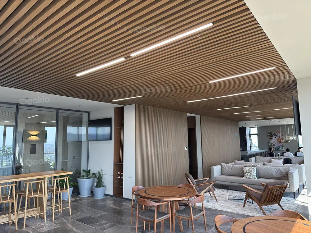 a room with oakio wpc panels as ceiling and wall